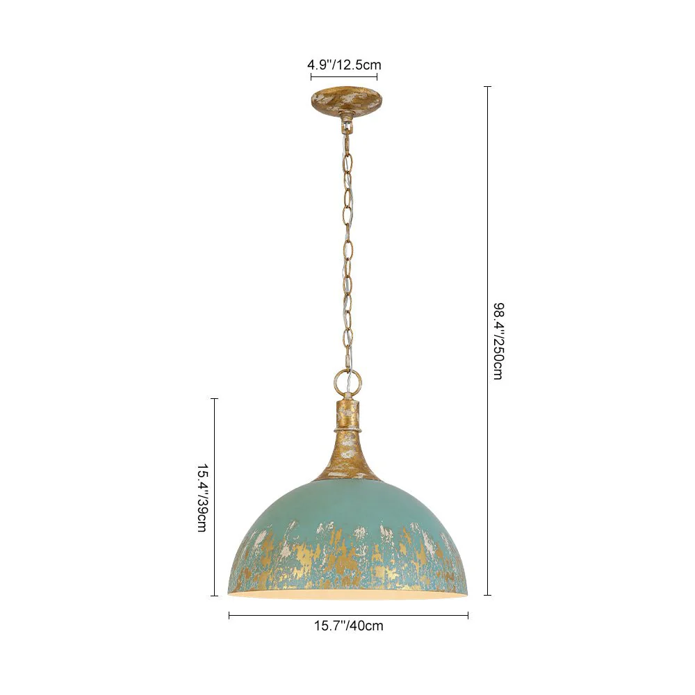 Shabby Chic Distressed Gilded Patina Teal Dome Pendant Light - Image 8