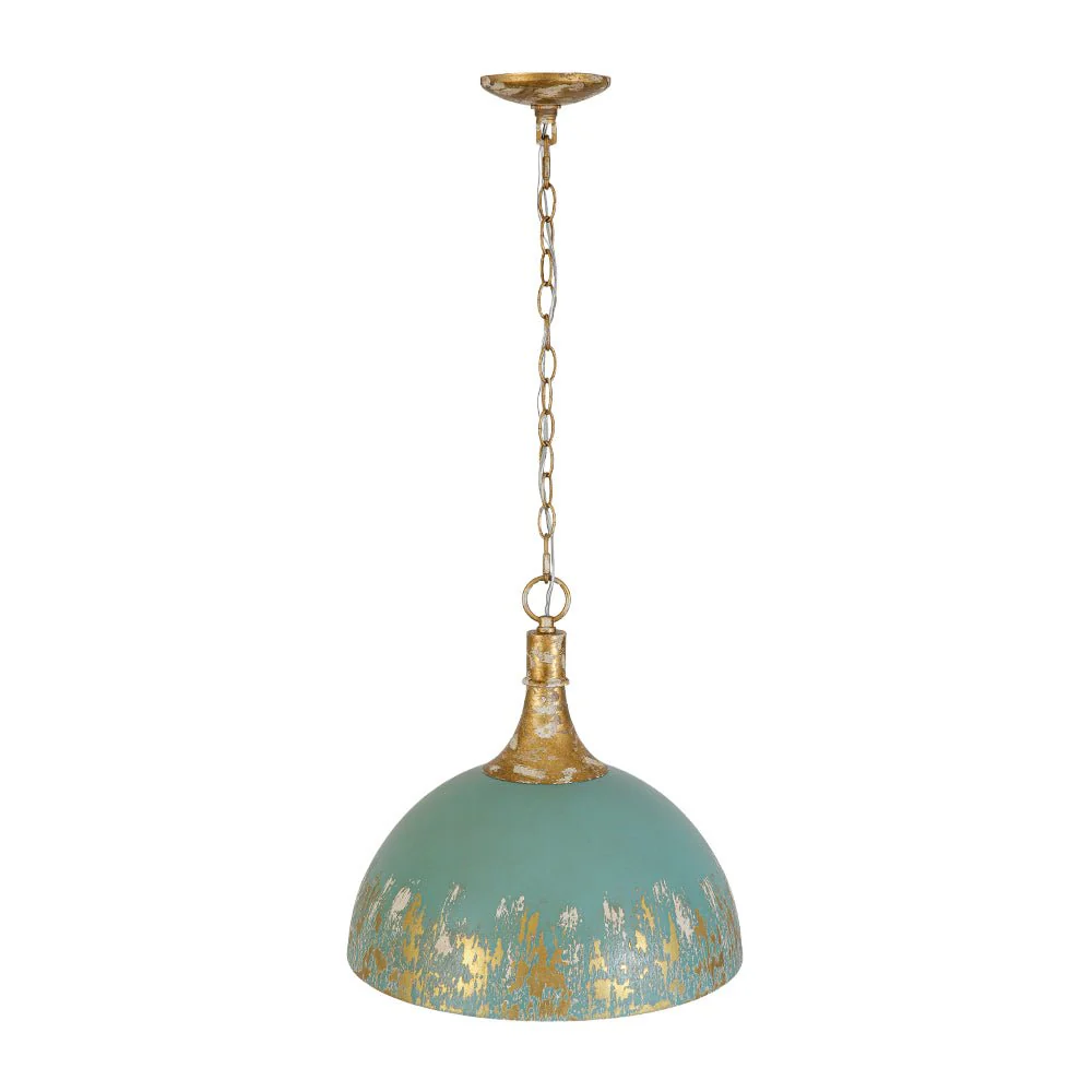 Shabby Chic Distressed Gilded Patina Teal Dome Pendant Light - Image 9