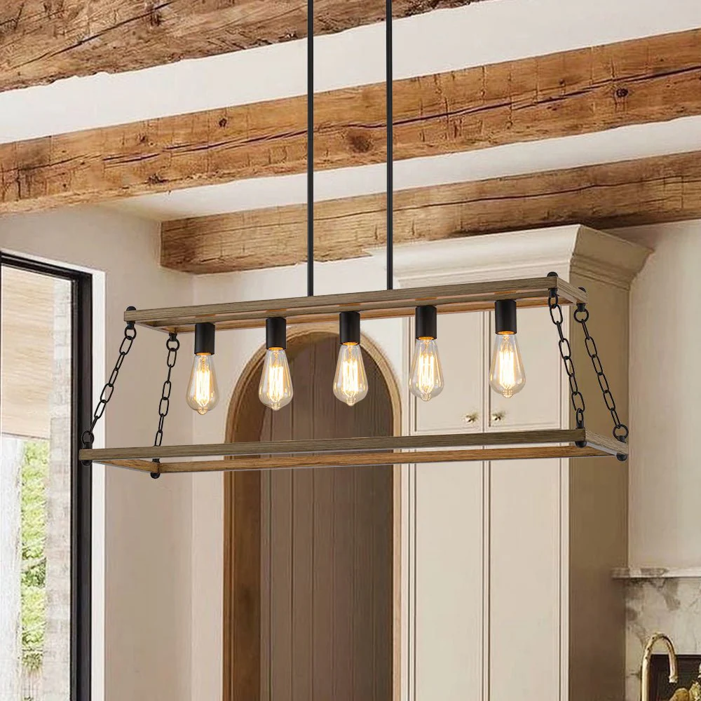 5-Light Trapezoid Wood Grain Chain Linear Island Chandelier - Image 2