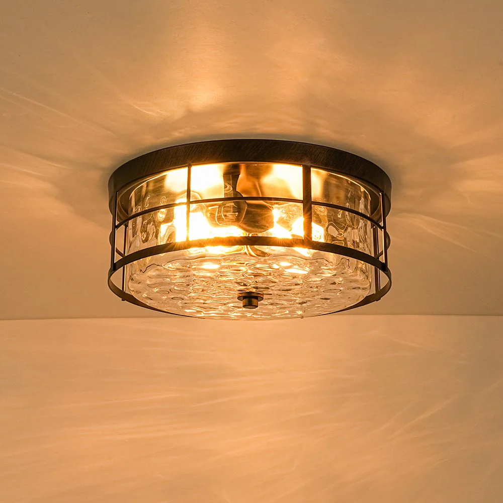 Vintage 2-Light Hammered Glass Round Drum Flush Mount - Image 3