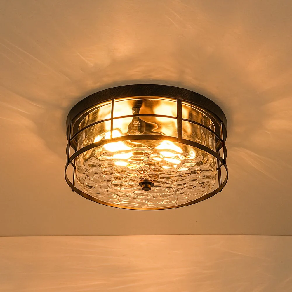 Vintage 2-Light Hammered Glass Round Drum Flush Mount - Image 5