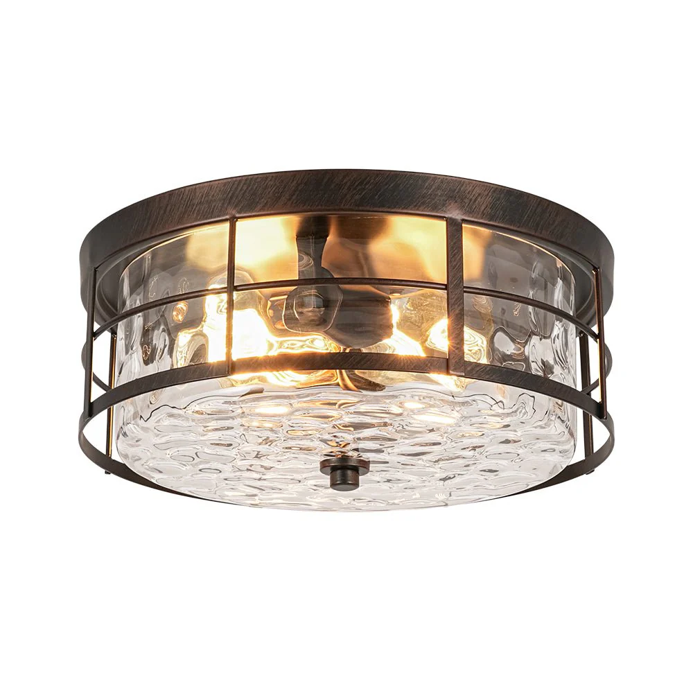 Vintage 2-Light Hammered Glass Round Drum Flush Mount - Image 6