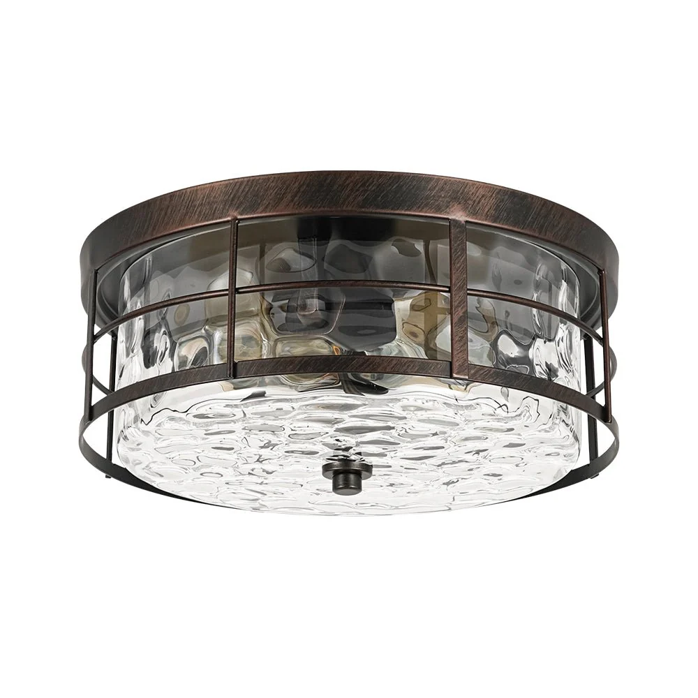 Vintage 2-Light Hammered Glass Round Drum Flush Mount - Image 7